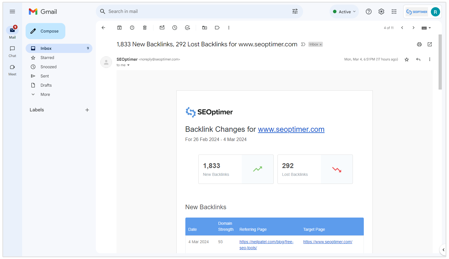 resumo de e-mail de alterações de backlink